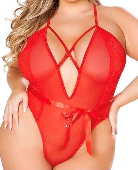 Lacing-Up Collar, Women Transparent Erotic Baby doll Bodysuit Plus Size Lingerie